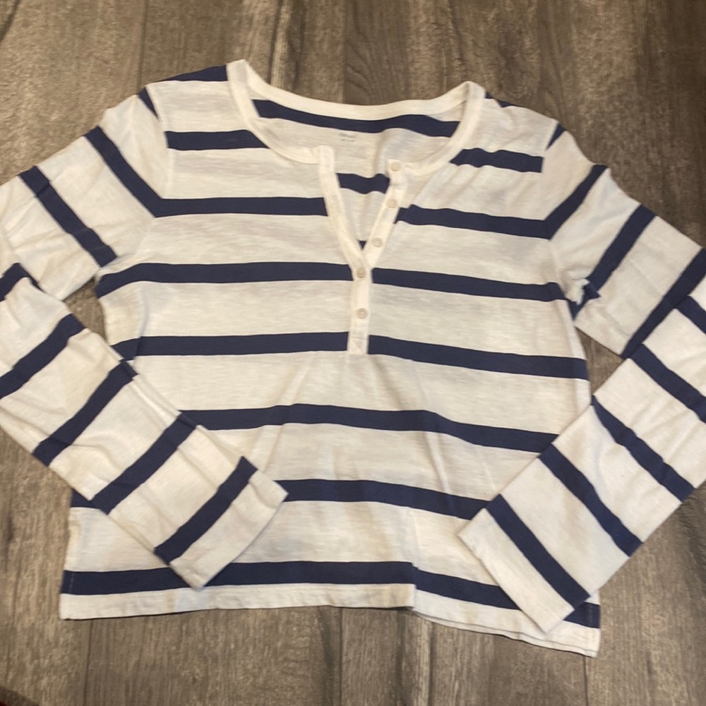 Aerie Henley Top, Blue & White Striped Long Sleeve, Womens Size Small